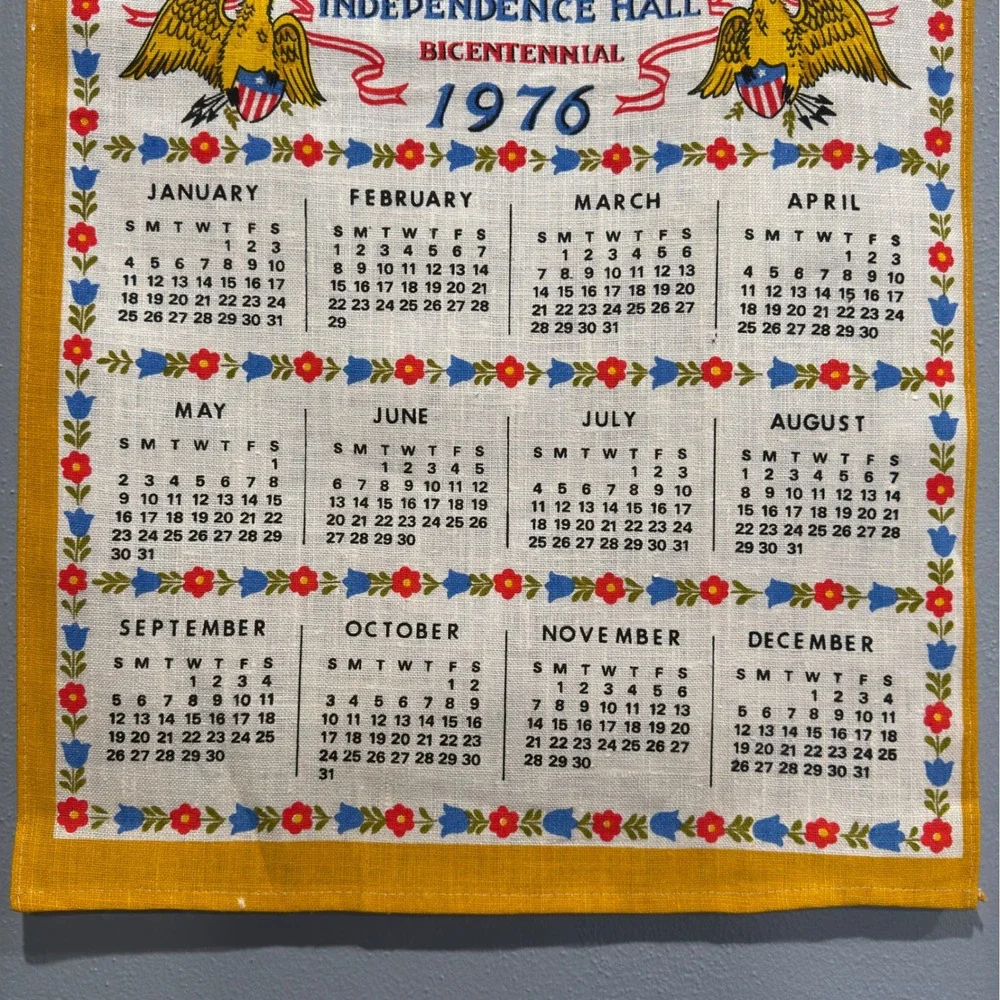 Vintage 1976 Independence Hall Bicentennial Linen Calendar Towel Wall Hanging